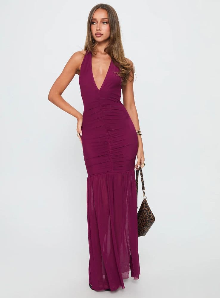 Princess Polly Halter Plunge Maxi Dress Plum - Image 1