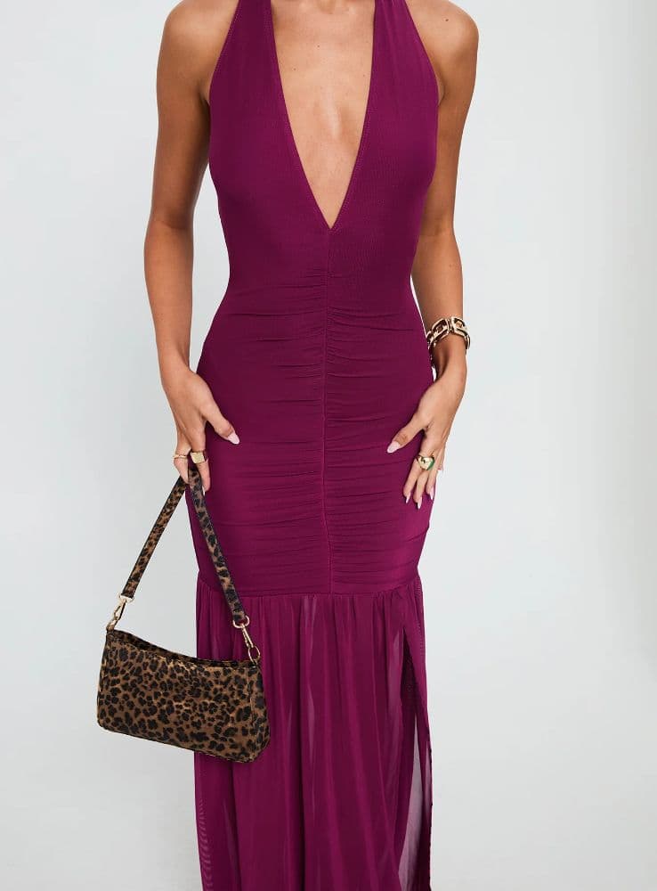 Princess Polly Halter Plunge Maxi Dress Plum - Image 3