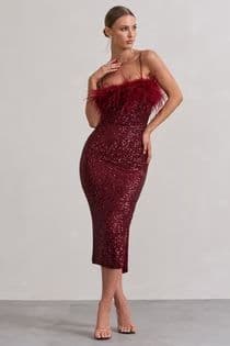Club London Plum Sequin Strappy Midi Dress With Feathers - Image 3