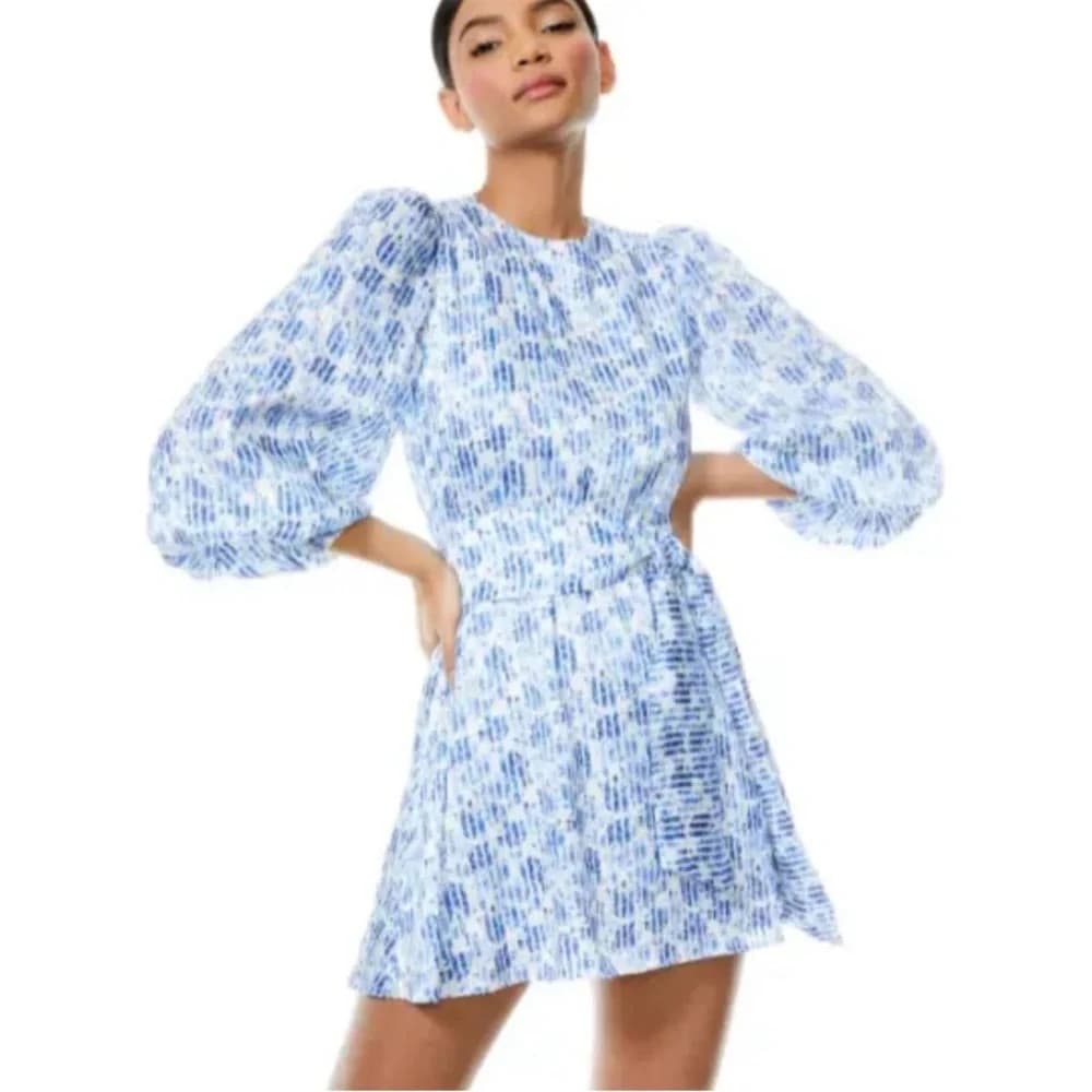 Alice + Olivia Blue & White Floral Tie-Waist Mini Dress - Image 1