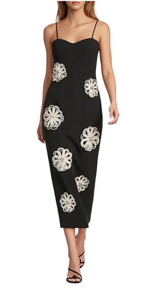 Jolie Stretch Crepe Sweetheart Neck Floral Applique Sheath Midi Dress - Image 1