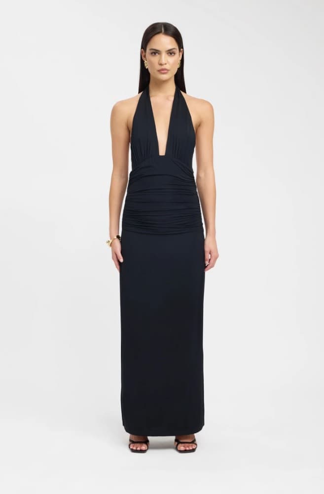 Leni Black Halter Ruched Maxi Dress - Image 4