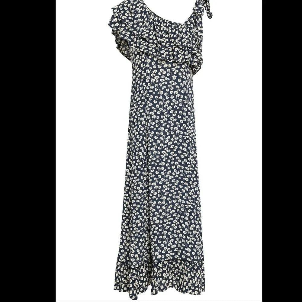 Ganni Roseburg Navy Floral Asymmetrical One-Shoulder Dress - Image 1