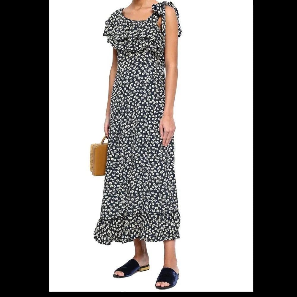 Ganni Roseburg Navy Floral Asymmetrical One-Shoulder Dress - Image 4