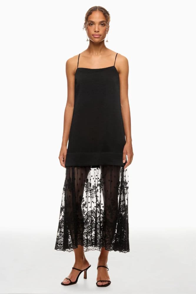 Black Satin Slip Dress With Lace - Image 1