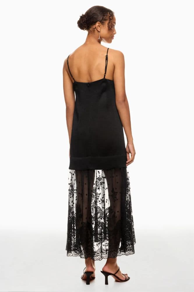 Black Satin Slip Dress With Lace - Image 2