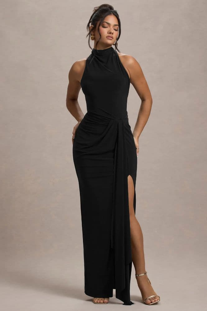 Black High-Neck Twisted Maxi Dress With Drape - Image 1