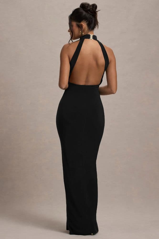 Black High-Neck Twisted Maxi Dress With Drape - Image 2