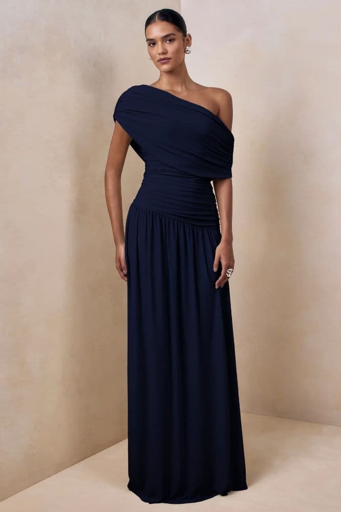 Navy Draped Asymmetric-Neck Maxi Dress With Drop-Waist - Image 1
