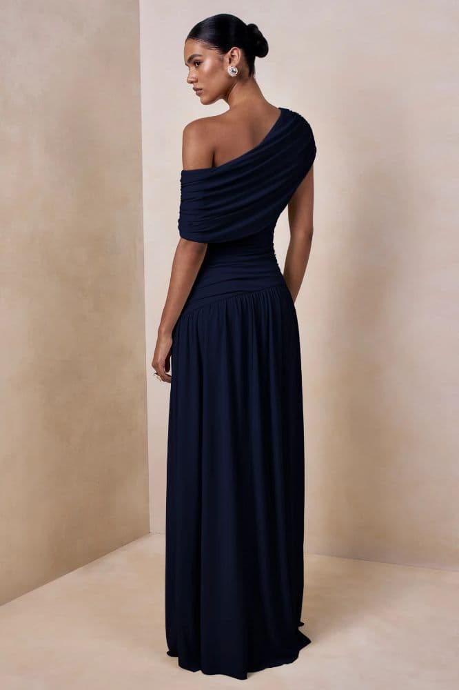 Navy Draped Asymmetric-Neck Maxi Dress With Drop-Waist - Image 2