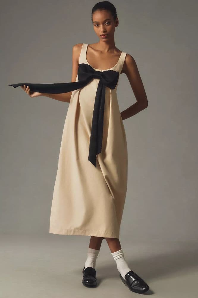 Anthropologie Maeve Bow Tan Midi Dress - Image 5