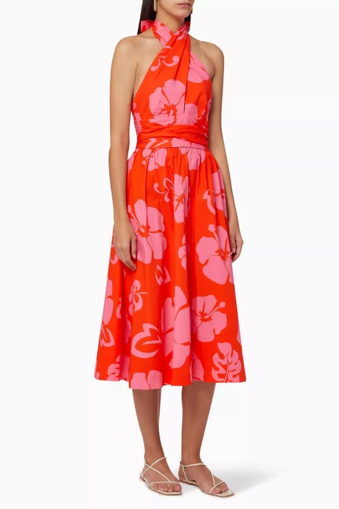 Staud orange and pink hawaiian midi dress - Image 1