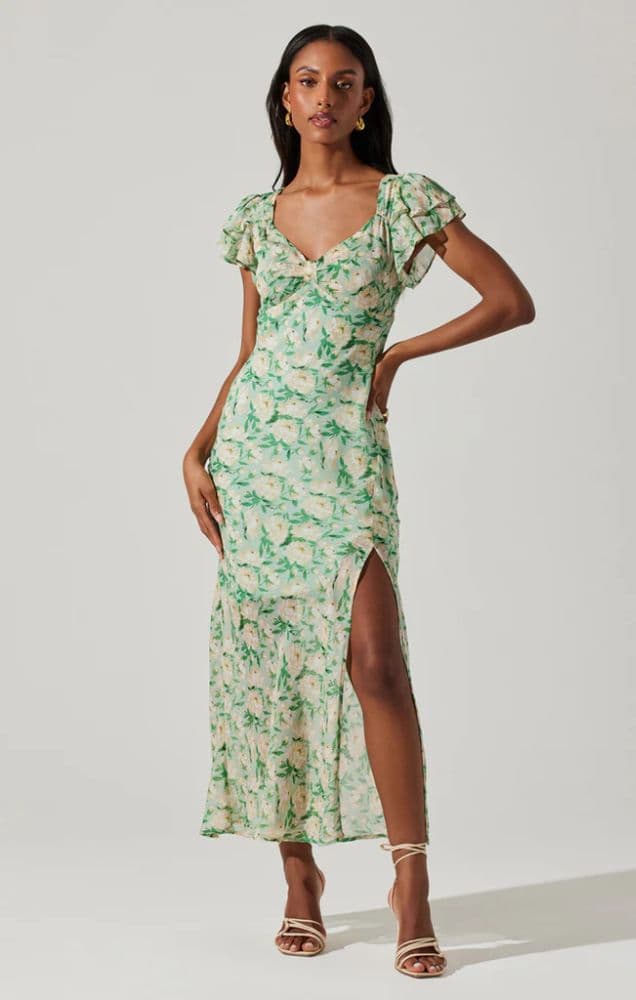 Green floral cap sleeve long ASTR dress - Image 5