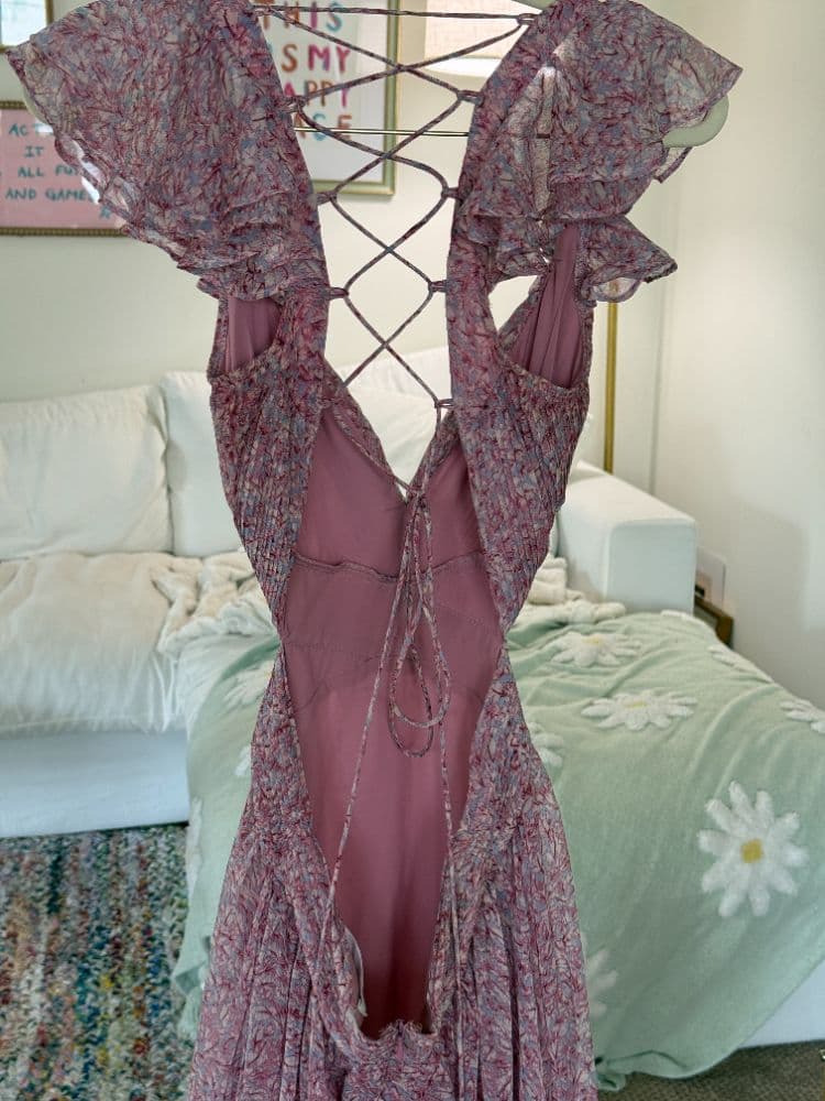 Pink floral ASTR dress with cut outs and corset tie - Image 4