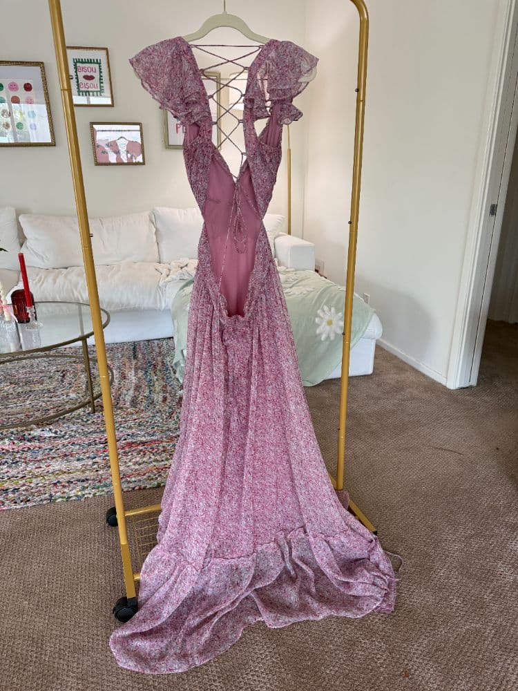 Pink floral ASTR dress with cut outs and corset tie - Image 3