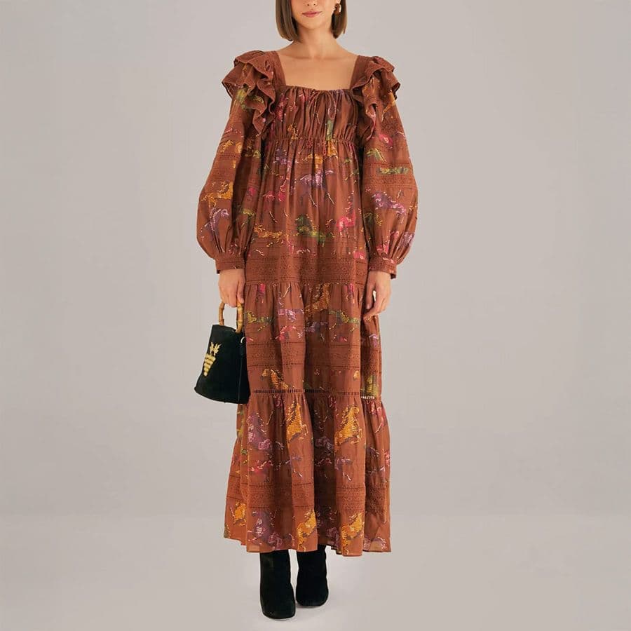 Farm Rio Dotted Horse Tiered Cotton Maxi Dress - Image 1