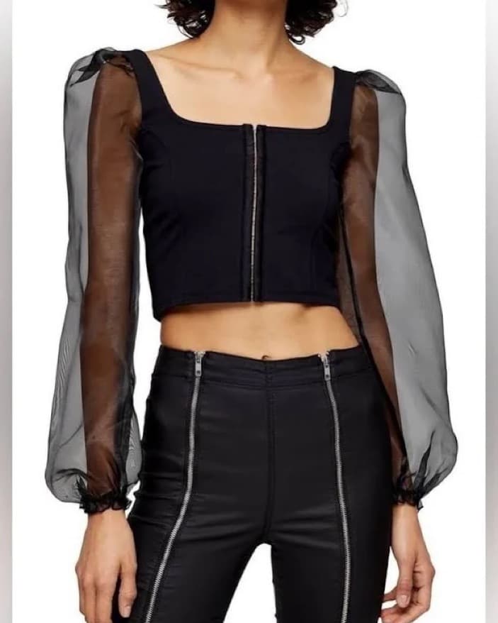 Black Organza Puff Sleeve Crop Top - Image 1