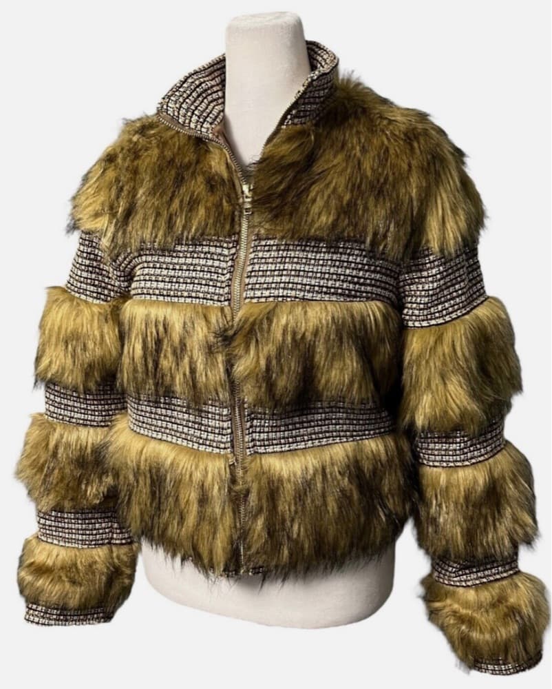 Textured Faux Fur & Tweed Jacket Anthrop - Image 2