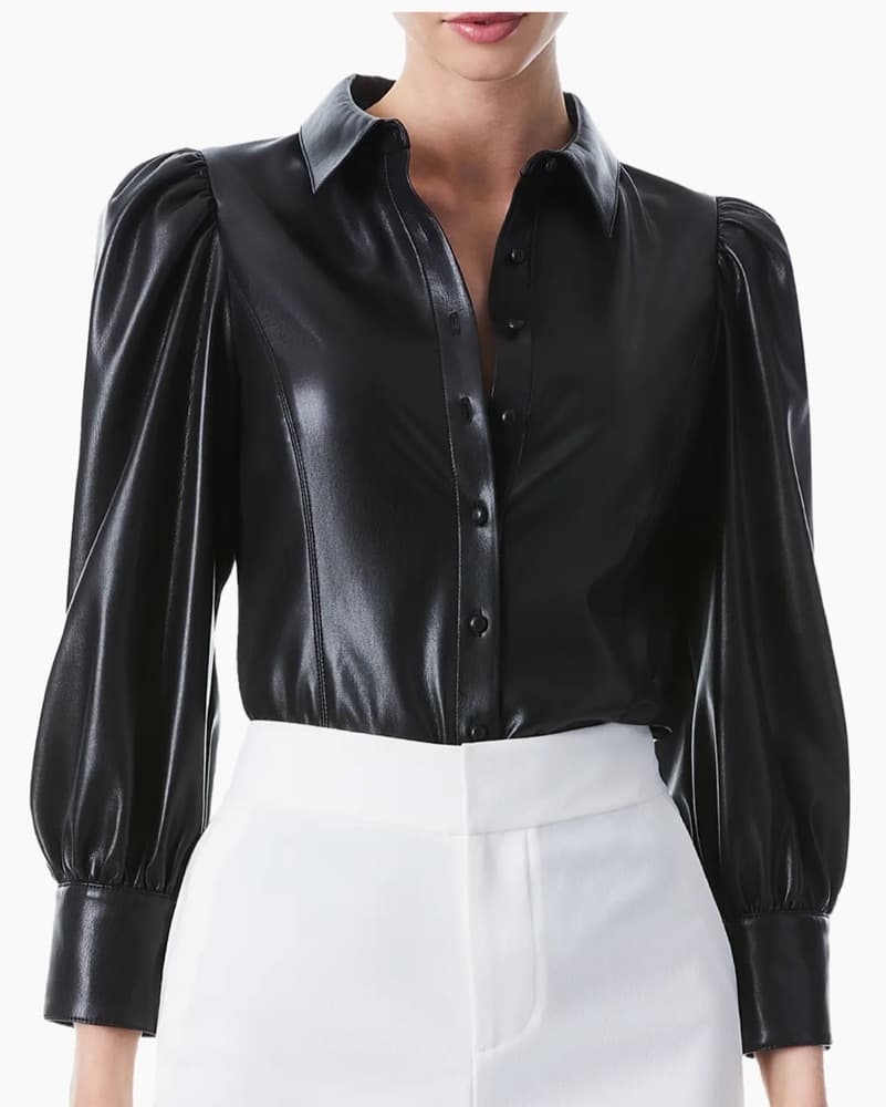 Nadine Puff-Sleeve Vegan Leather Blouse - Image 1