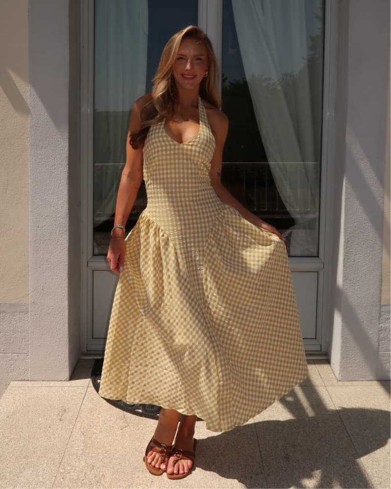 Yellow gingham Halter Drop Waist Dress  - Image 2