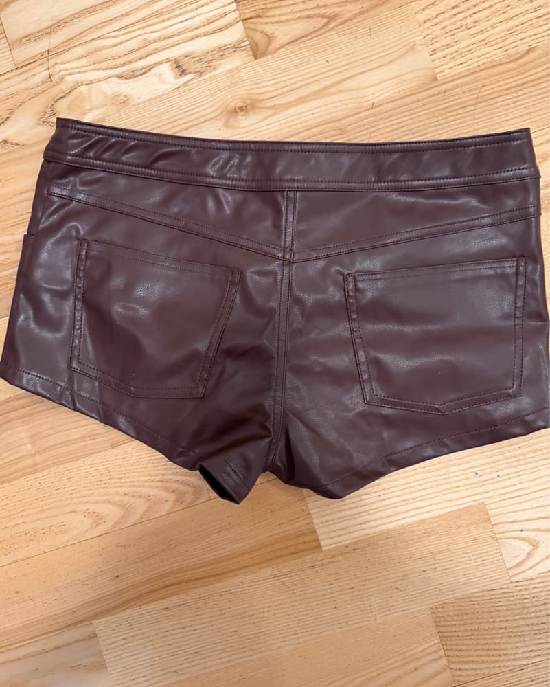 Revolve Brown Leather Micro Shorts - Image 2