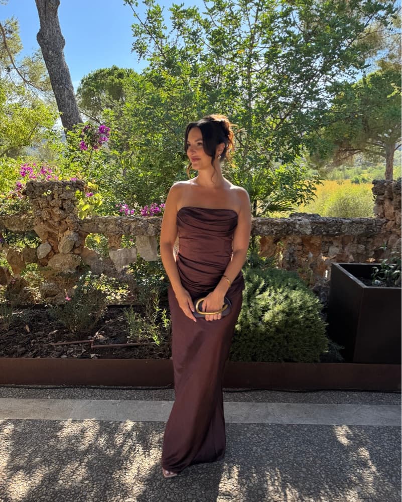 Elegant Ruched Mocha Brown Maxi Dress - Image 1