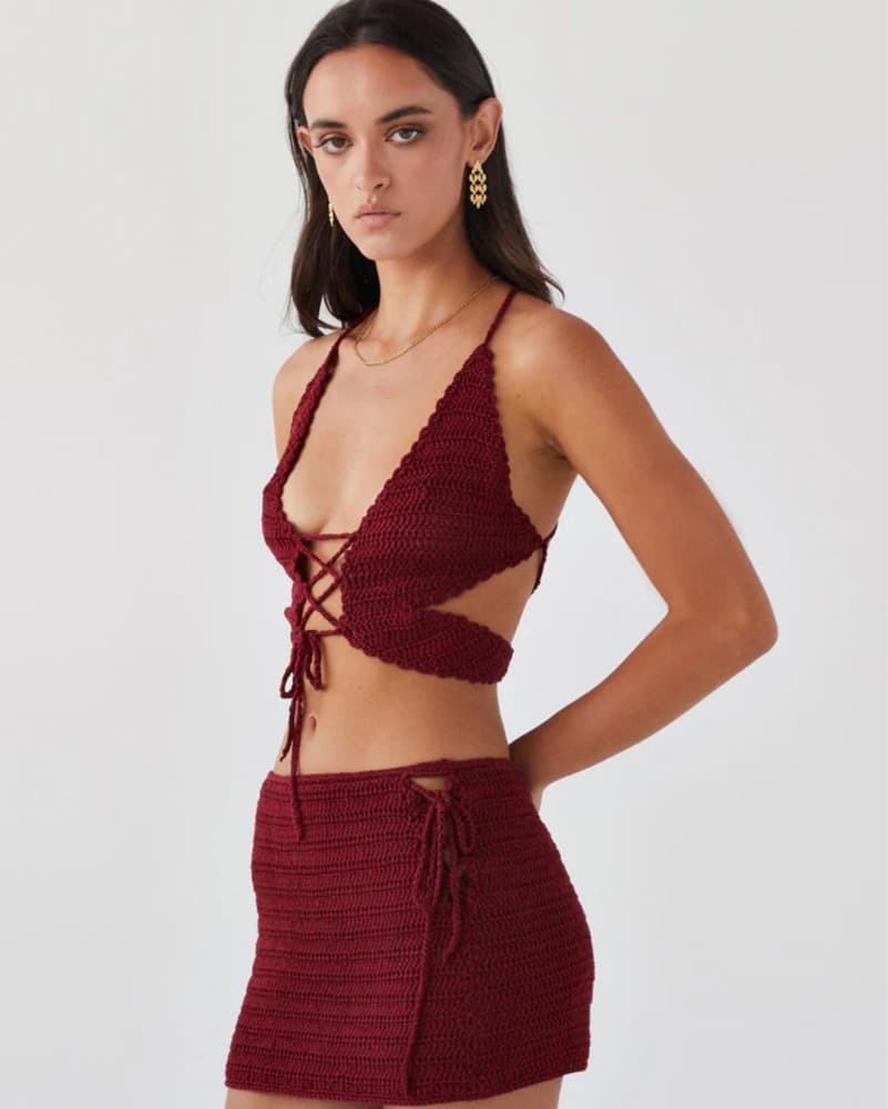 Red Crochet Mini Skirt And Top Set - Image 2