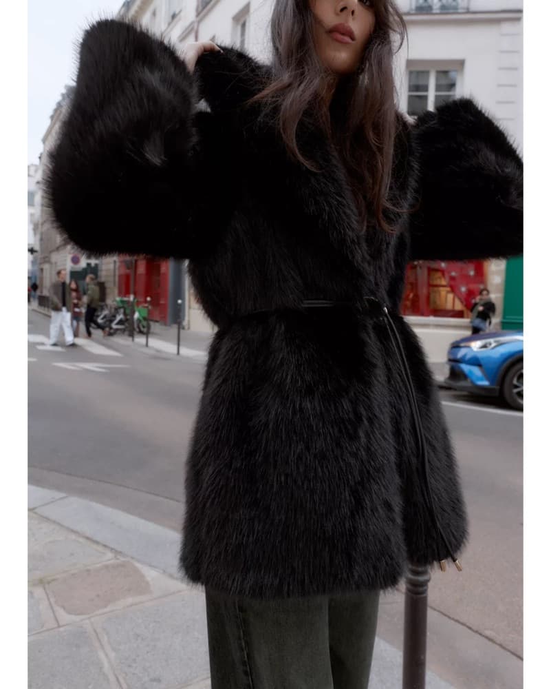 Amazing Black Faux Fur Coat With Belt - Image 3