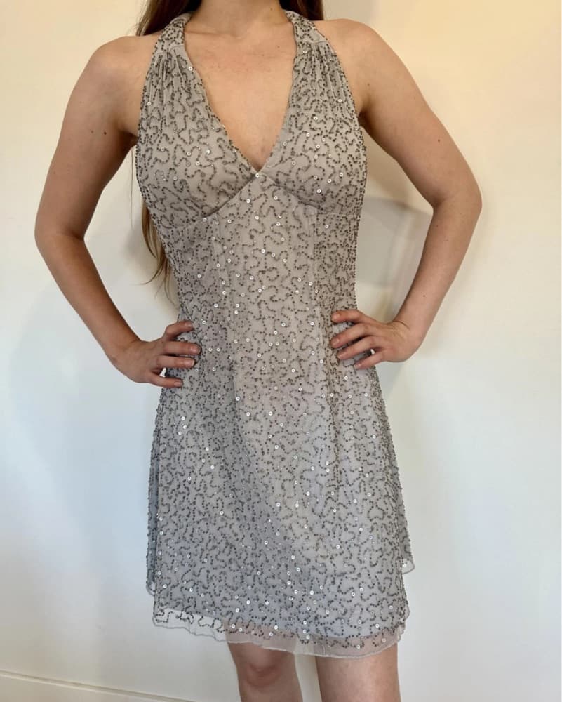Silver Beaded Halter Y2K Party Dress - Image 1