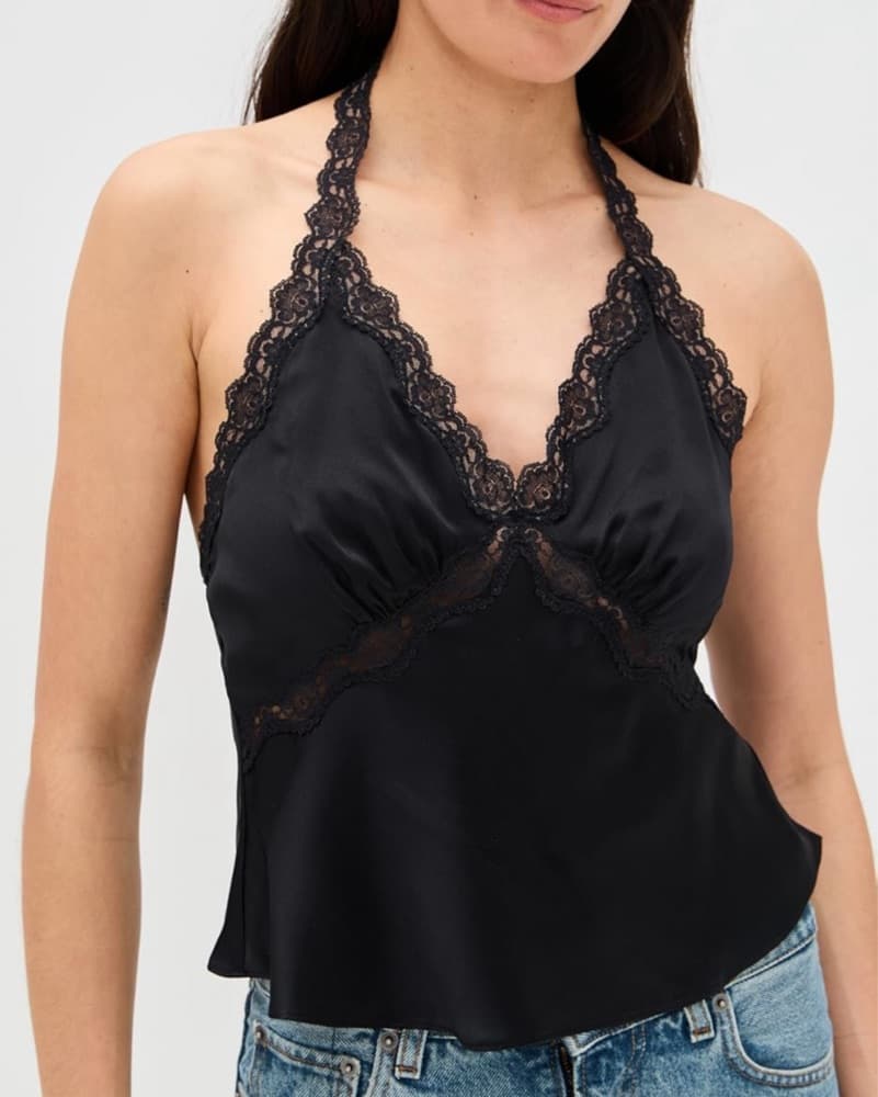 Reformatio Lace-Trimmed Black Halter Top - Image 1