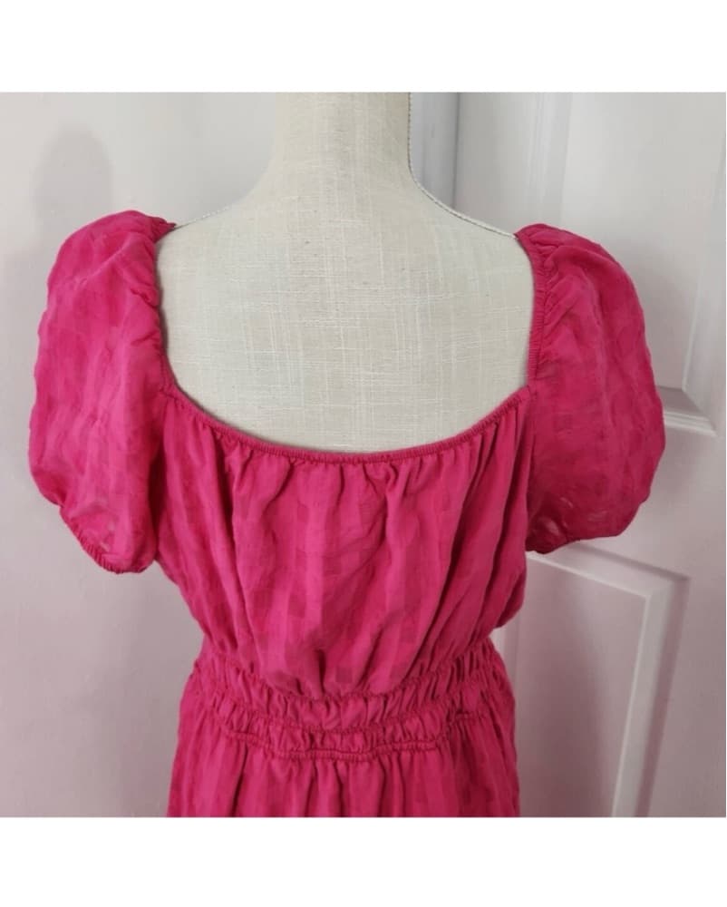 Vibrant Fuchsia Puff Sleeve Midi Dress - Image 5