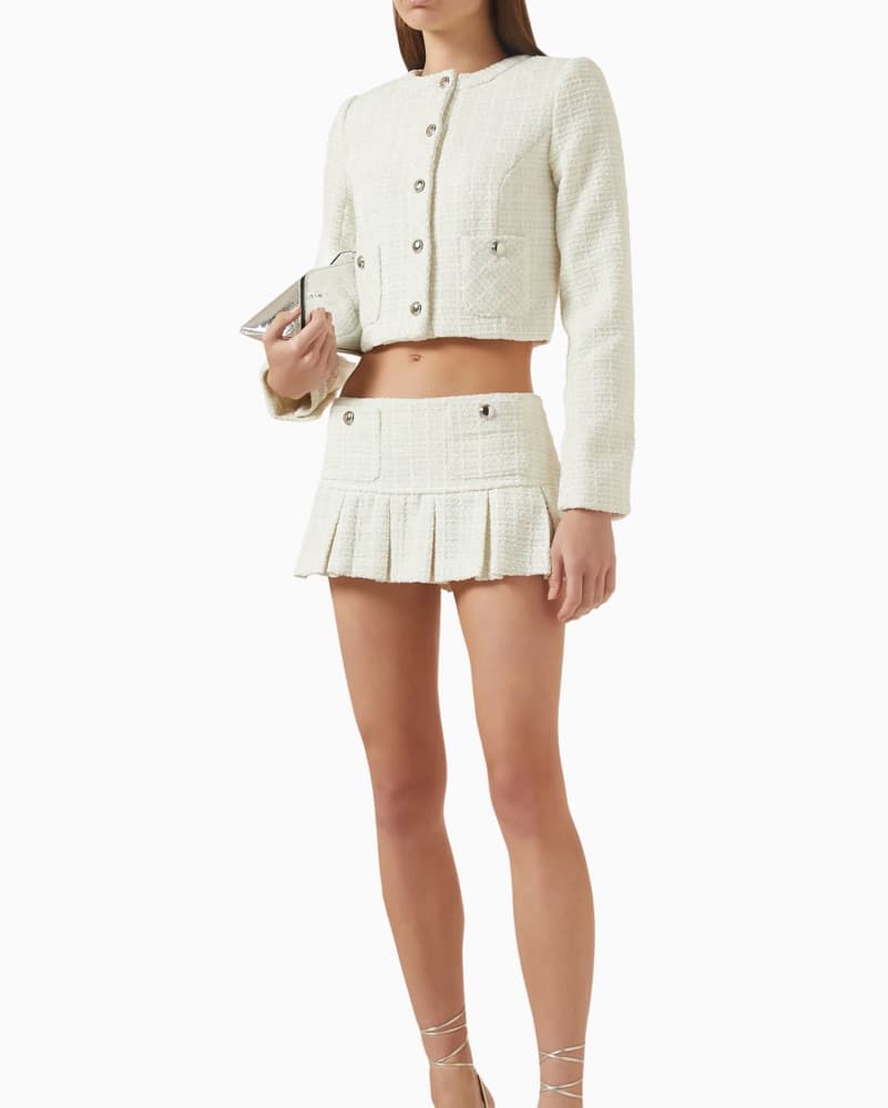 Chic White Tweed Crop Top and Pleated Skirt Set - Image 1
