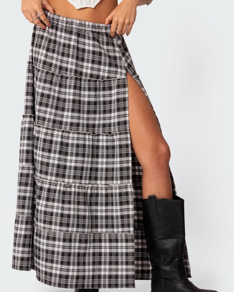 Plaid Tiered Maxi Skirt W High Slit - Image 2