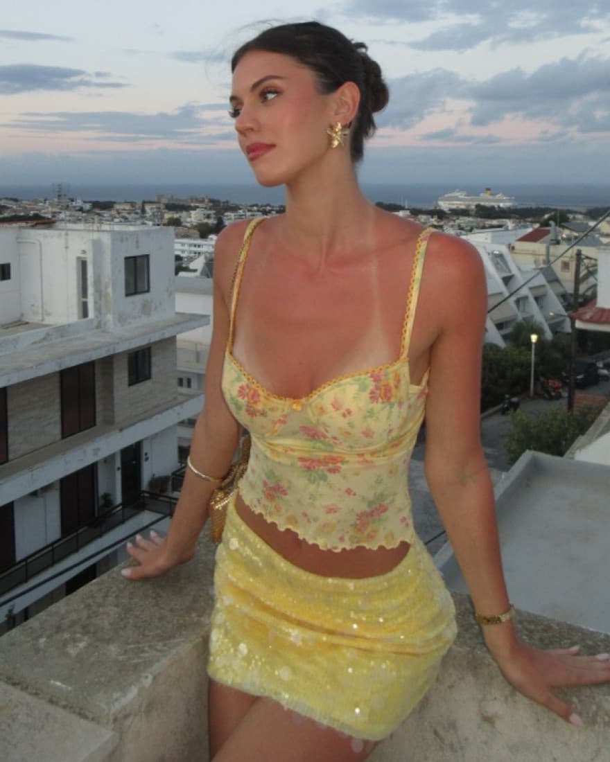  Yellow Floral Mesh Top and Skirt Set - Image 1