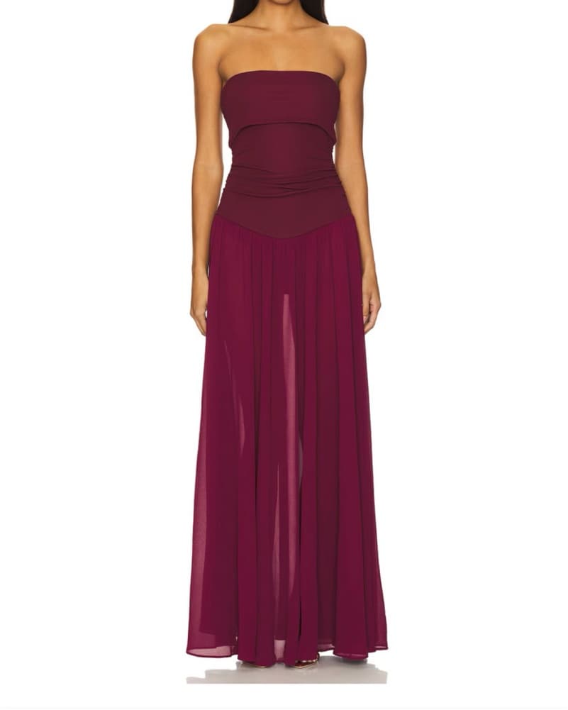 Elegant Burgundy Strapless Maxi Dress - Image 1