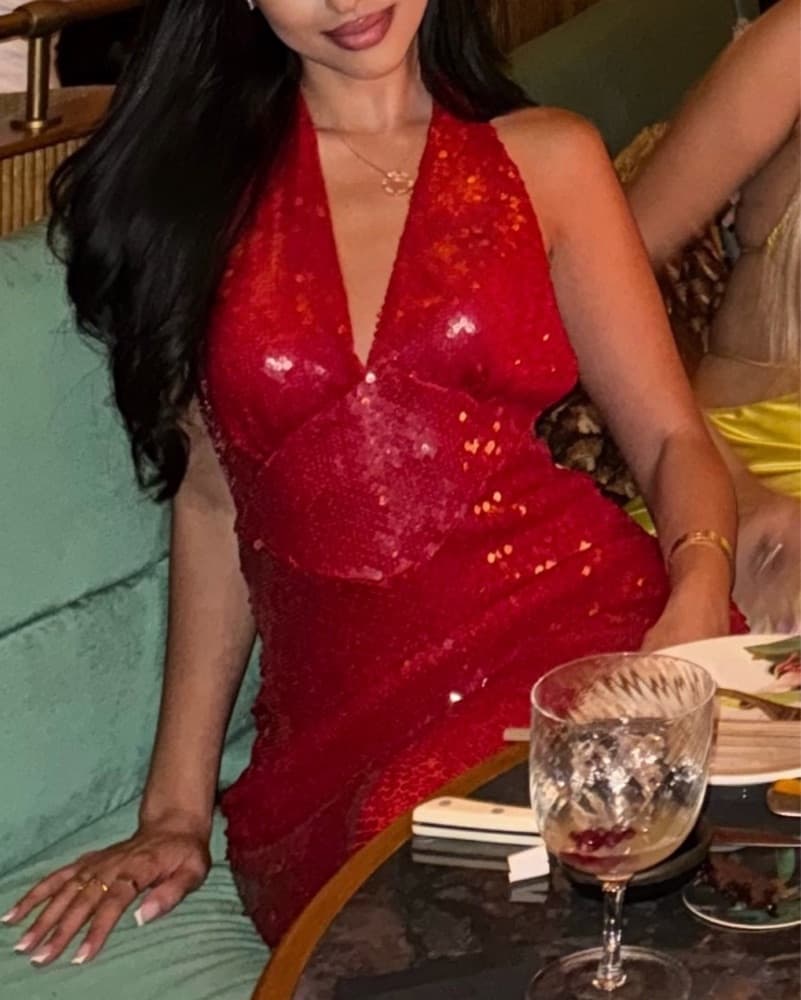 Red sequin Bardot dress - Image 2