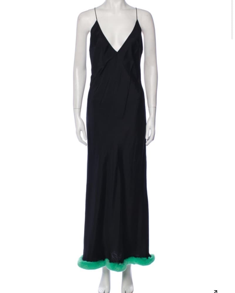 Black Silk Open Back Fur Trim Dress - Image 1