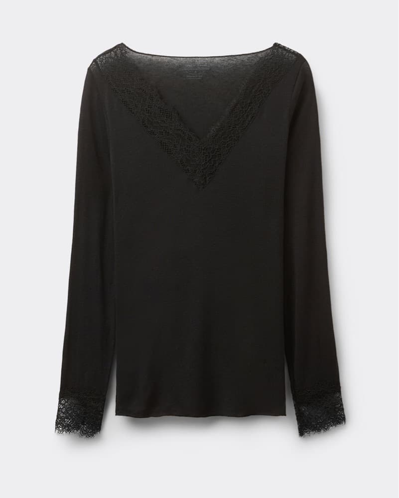 Intimissimi Ultralight Cashmere V-Neck Black Long Sleeve Lace Top - Image 4