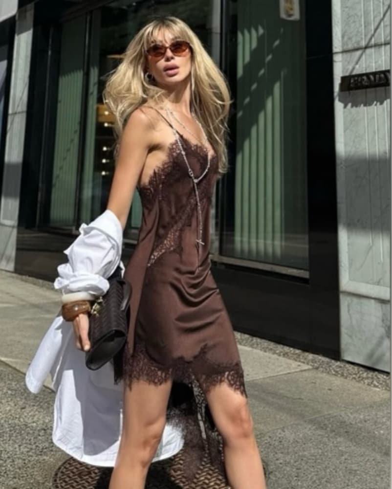 Asymmetric Brown Lace Satin Slip Dress - Image 2