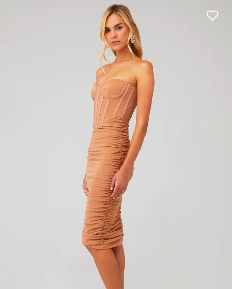 Ruched Revolve Bardot Midi Dress in Nude - Image 1