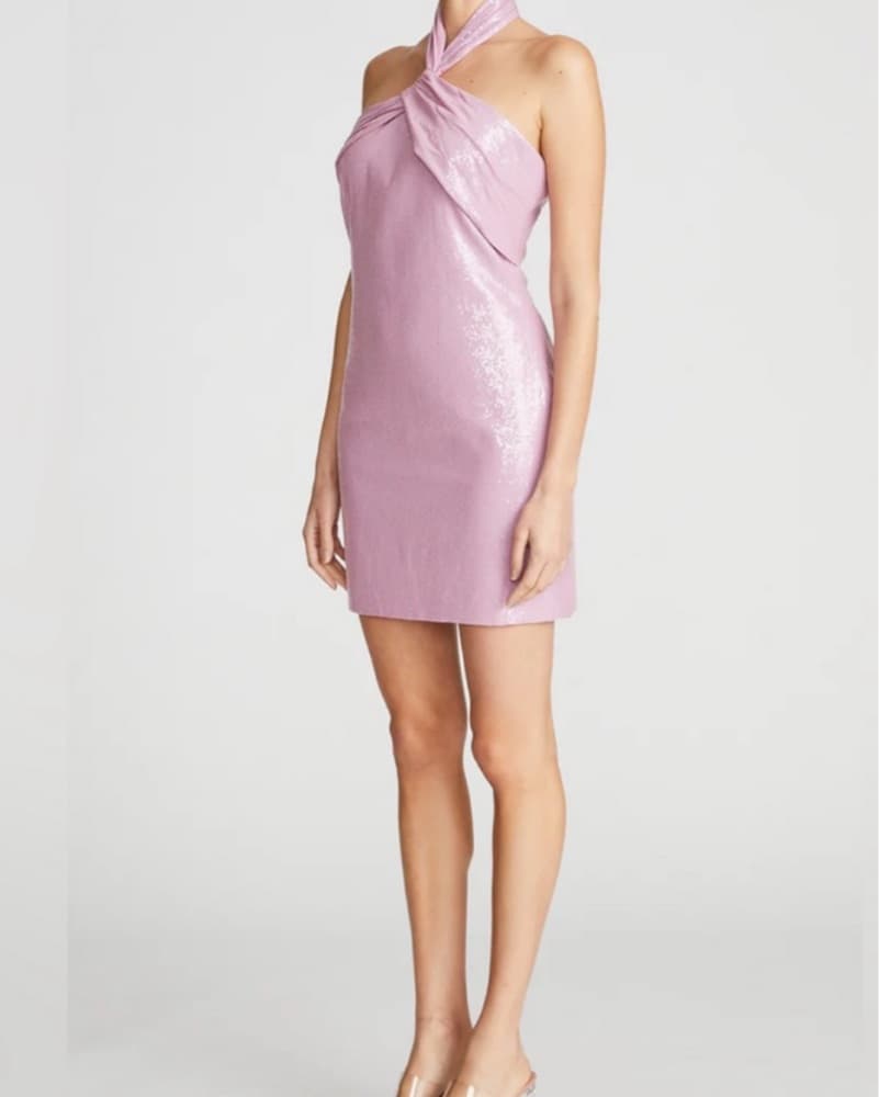 HALSTON Pink Sequin Halter Mini Dress - Image 1