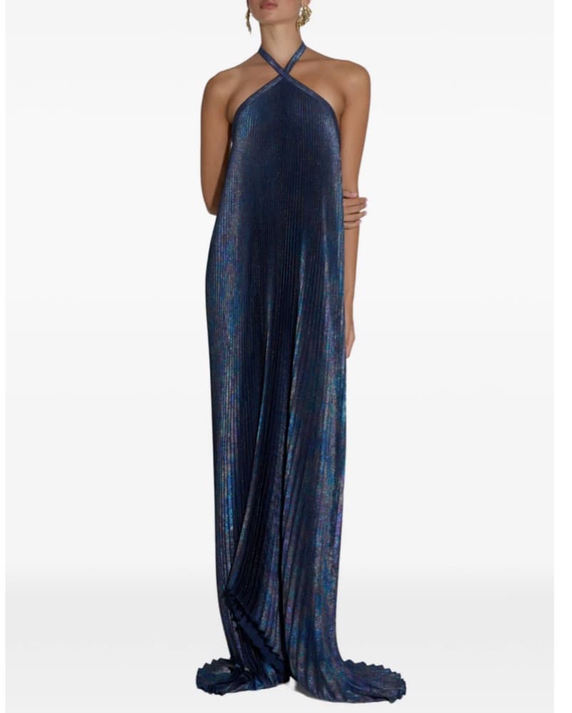 Navy blue metallic pleated halter gown - Image 3