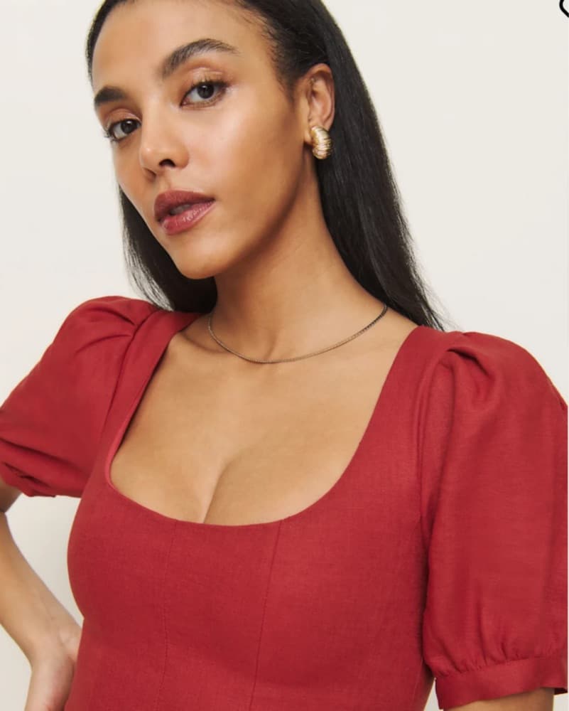 Vibrant Red Midi Dress with Puff Sleeves - Image 2