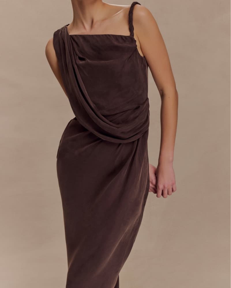 Elegant Draped Chocolate Brown Dress - Image 5