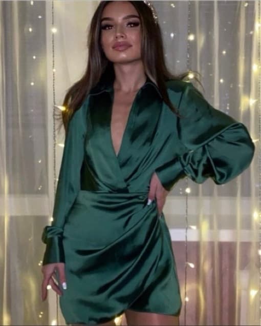 Emerald Green Satin Longsleeve Dress - Image 1