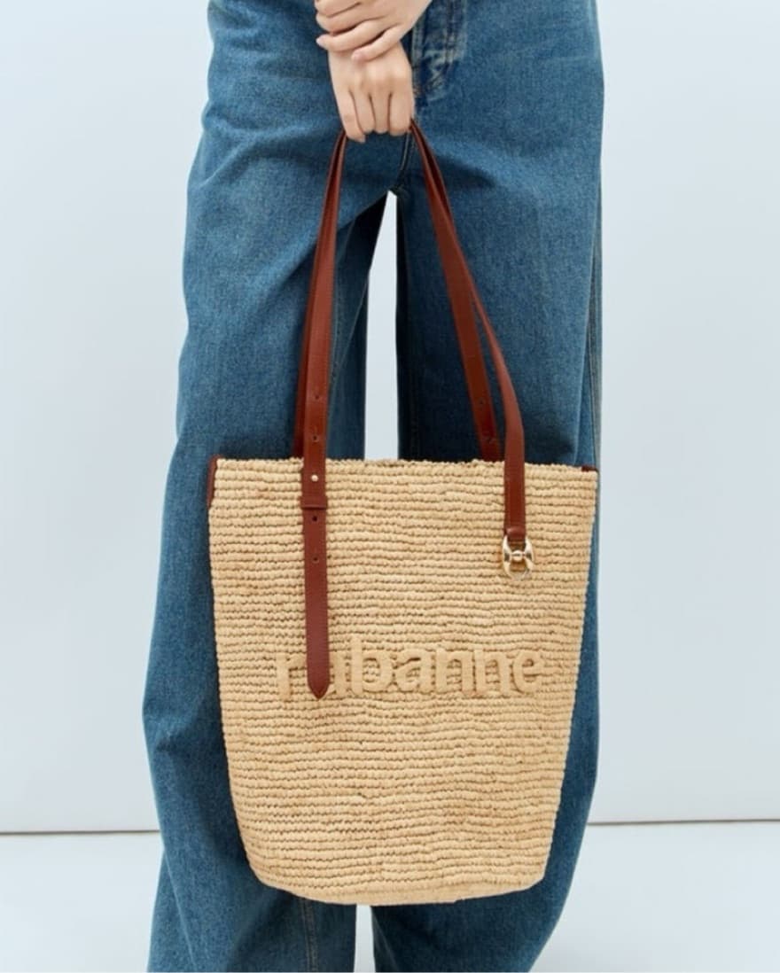 Rabanne beige raffia logo tote bag - Image 1
