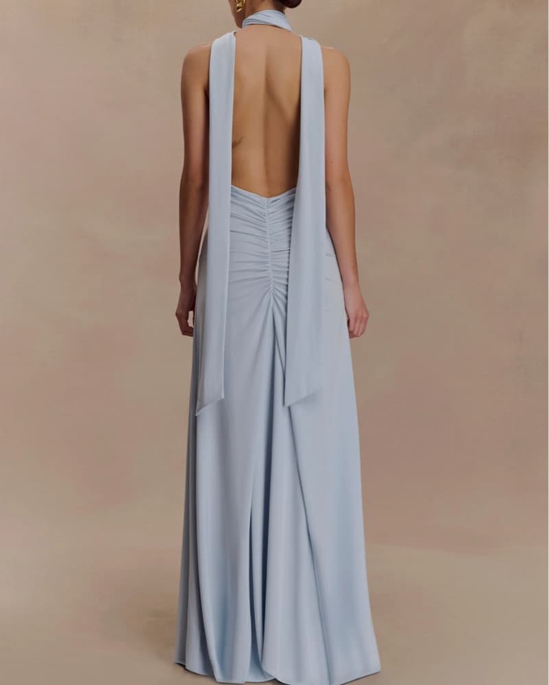 Halter Neck With Scarf Blue Maxi Dress - Image 2