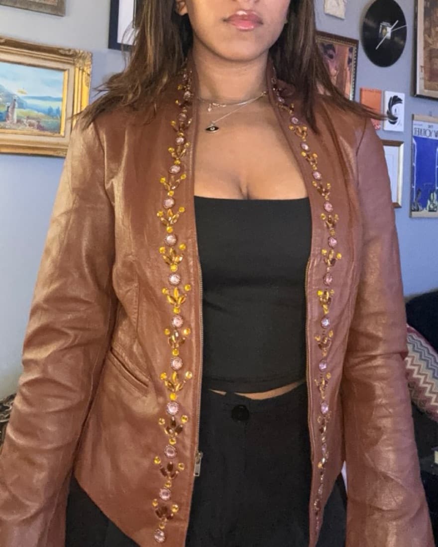 Embellished Brown Leather Jacket - Image 4