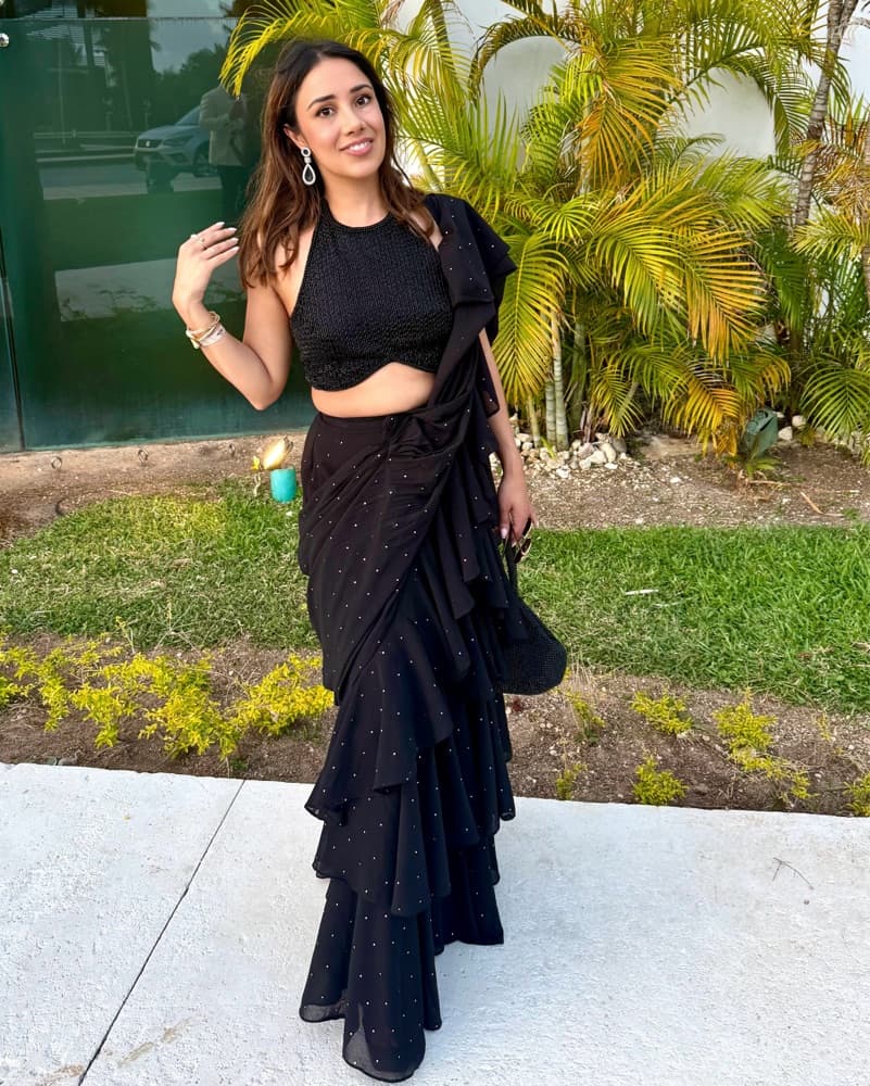 Black Sari + Embellished Halter Crop - Image 1