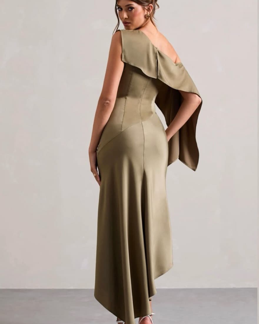 Olive Satin Draped Maxi Dress - Image 2